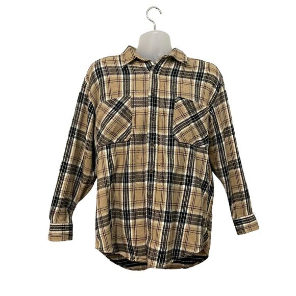 St‎ John's Bay Tan Black White Plaid Button Up Fishing Cotton Shirt Jacket Large - Picture 1 of 7